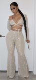 Women's new sexy long-sleeved chest-wrapped top and hip trousers two-piece suit