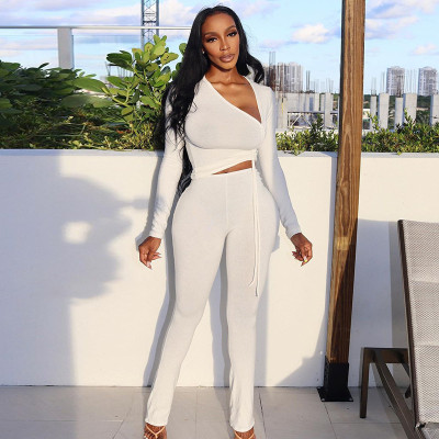 Fashion women's 2021 winter new solid color drawstring T-shirt casual tight trousers suit