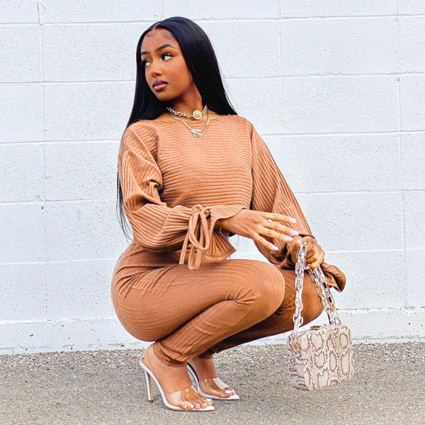 Women's autumn new pit strip round neck long-sleeved T-shirt tight casual trousers thread suit