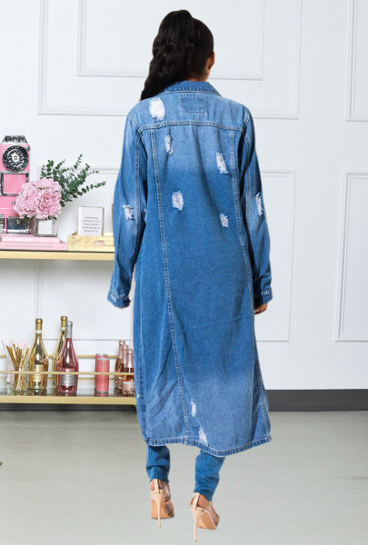 Autumn and winter new denim long trench coat cloak hole denim jacket female dress
