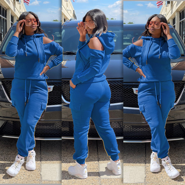 Women's sports suit sweater off-shoulder running wear hooded long-sleeved autumn and winter