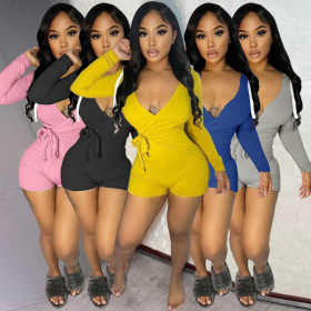 Autumn and winter fashion women's solid color V-neck long-sleeved 5-color hooded jumpsuit
