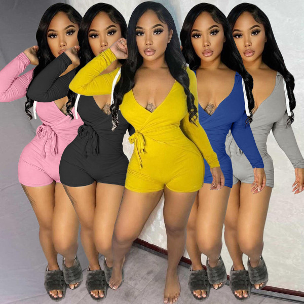 Autumn and winter fashion women's solid color V-neck long-sleeved 5-color hooded jumpsuit