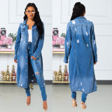 Autumn and winter new denim long trench coat cloak hole denim jacket female dress