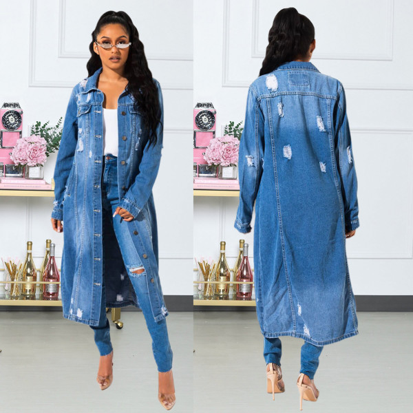 Autumn and winter new denim long trench coat cloak hole denim jacket female dress