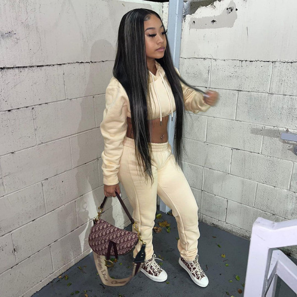 2021 autumn women's new fashion hooded waist solid color sweater and foot casual trousers suit