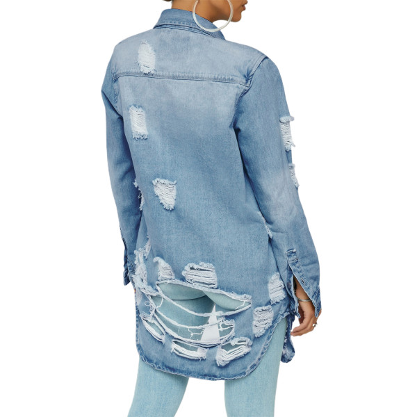 Hot sale ripped hole distressed sexy slim denim jacket long-sleeved dress