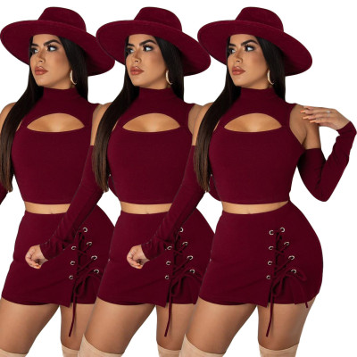 Strapless Sexy Hollow Ladies Suit Long Sleeve Shorts Fake Skirt Corn Eyes Bandage Shorts Set