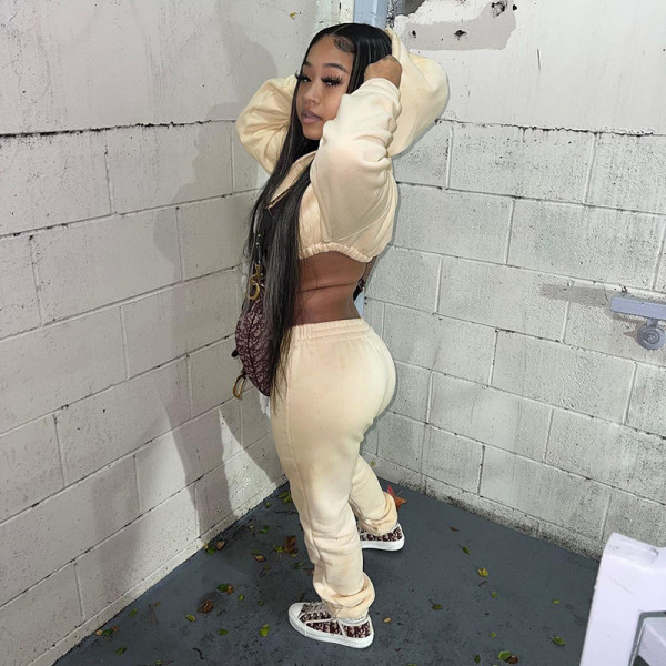 2021 autumn women's new fashion hooded waist solid color sweater and foot casual trousers suit