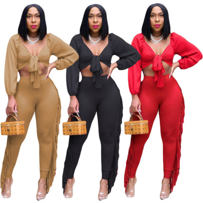 Women's spring and autumn new women's wrapped chest long-sleeved tight sexy tassel suit