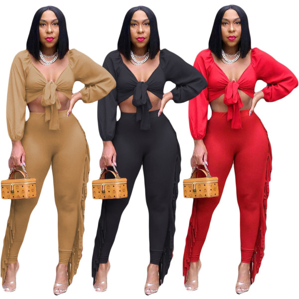 Women's spring and autumn new women's wrapped chest long-sleeved tight sexy tassel suit