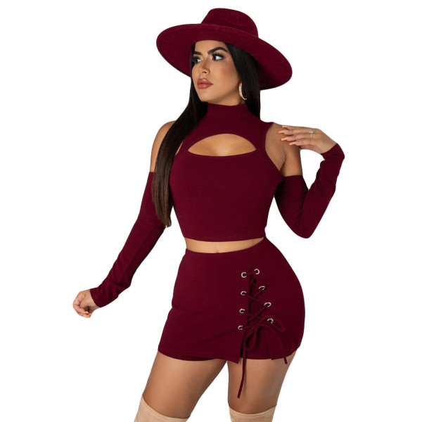 Strapless Sexy Hollow Ladies Suit Long Sleeve Shorts Fake Skirt Corn Eyes Bandage Shorts Set