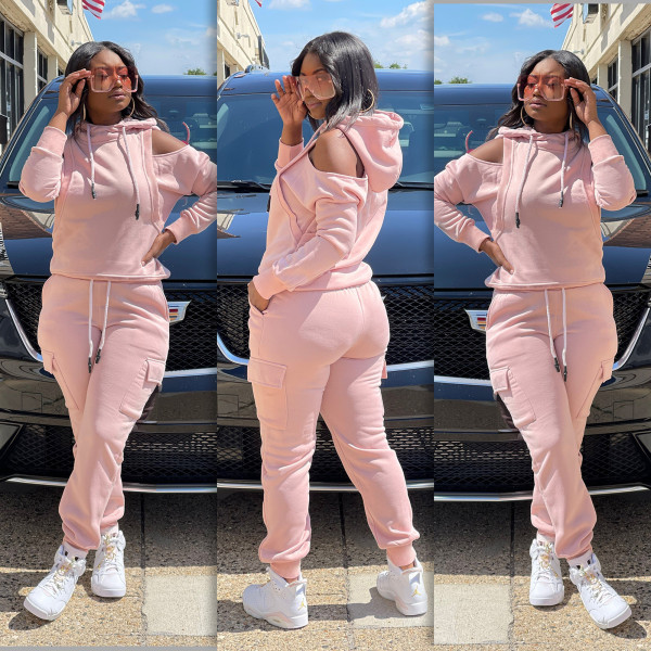 Women's sports suit sweater off-shoulder running wear hooded long-sleeved autumn and winter