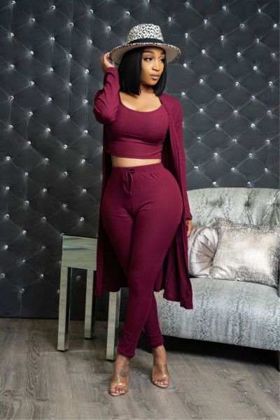 Women's autumn and winter new style high elastic pit strip solid color casual three-piece suit