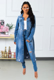 Autumn and winter new denim long trench coat cloak hole denim jacket female dress