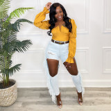 Women's solid color sexy long-sleeved blouse, high-quality material, pleated lantern sleeves, waist, back, and craftsmanship