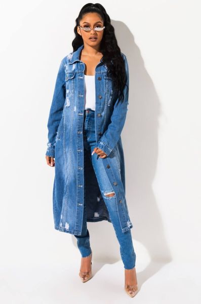 Autumn and winter new denim long trench coat cloak hole denim jacket female dress
