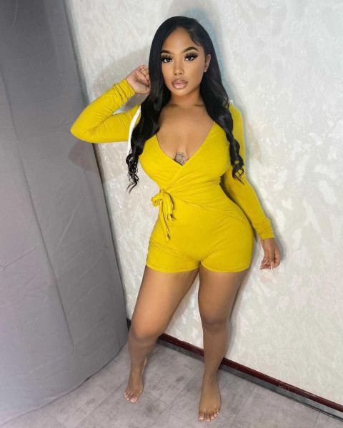 Autumn and winter fashion women's solid color V-neck long-sleeved 5-color hooded jumpsuit