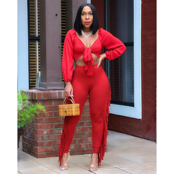 Women's spring and autumn new women's wrapped chest long-sleeved tight sexy tassel suit