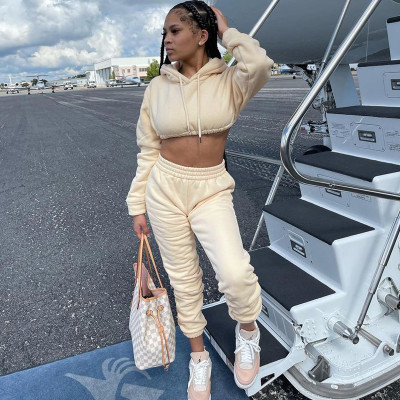 2021 autumn women's new fashion hooded waist solid color sweater and foot casual trousers suit