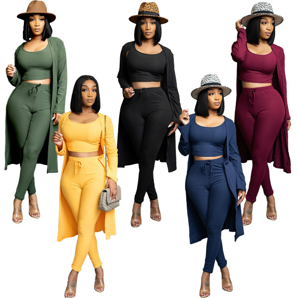 Women's autumn and winter new style high elastic pit strip solid color casual three-piece suit