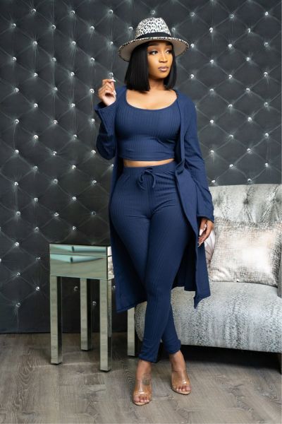 Women's autumn and winter new style high elastic pit strip solid color casual three-piece suit