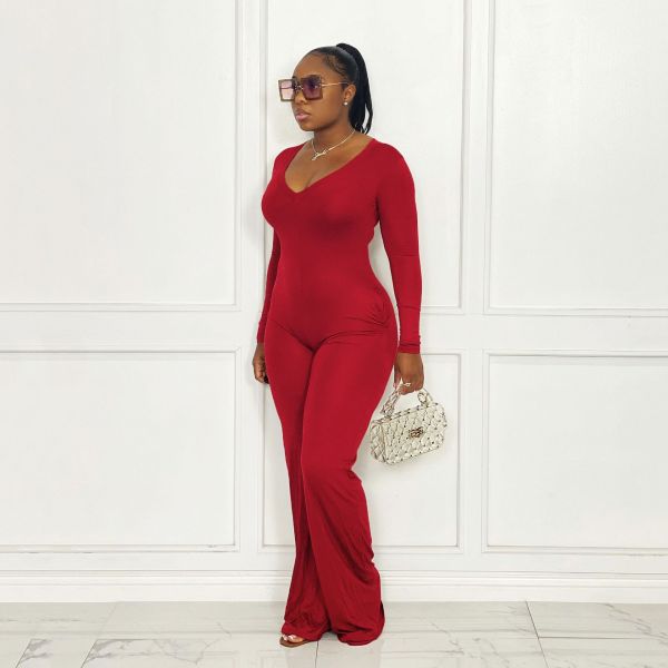 Women's jumpsuit flared pants skinny v-neck sexy long-sleeved jumpsuit winter