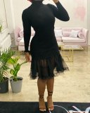 Women's thread dress long-sleeved tight-fitting high-neck mesh sweater dress autumn and winter