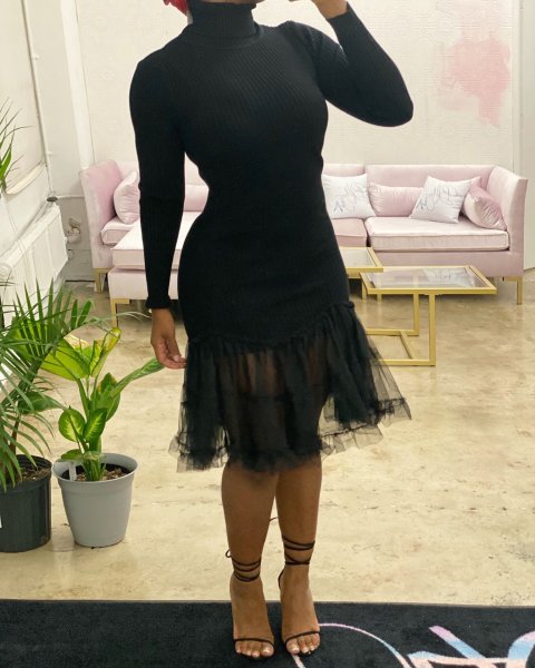 Women's thread dress long-sleeved tight-fitting high-neck mesh sweater dress autumn and winter