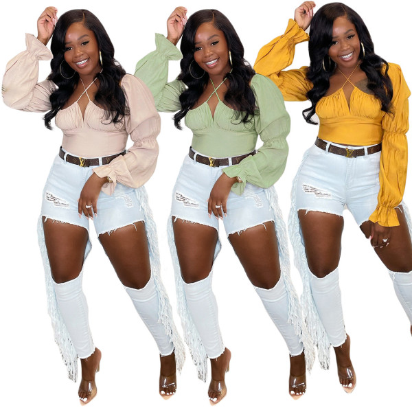 Women's solid color sexy long-sleeved blouse, high-quality material, pleated lantern sleeves, waist, back, and craftsmanship