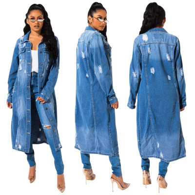 Autumn and winter new denim long trench coat cloak hole denim jacket female dress