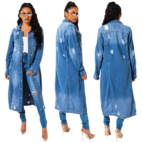 Autumn and winter new denim long trench coat cloak hole denim jacket female dress