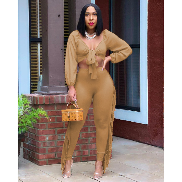 Women's spring and autumn new women's wrapped chest long-sleeved tight sexy tassel suit