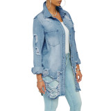 Hot sale ripped hole distressed sexy slim denim jacket long-sleeved dress