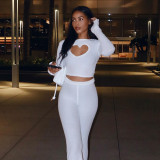 Suit solid color thin slim round neck long sleeve love heart hollow high waist straight leg tight trousers two-piece female