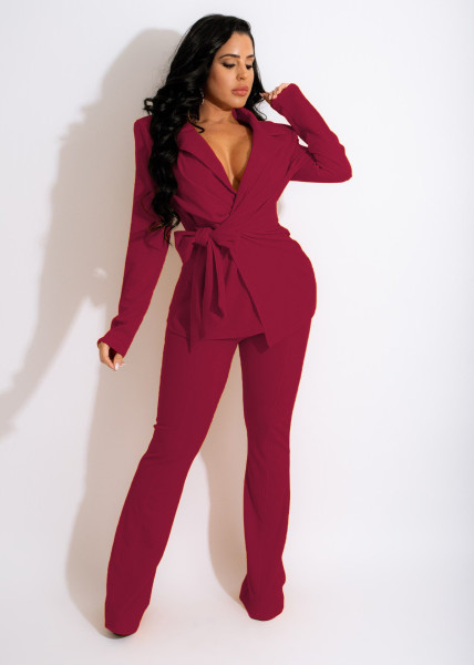 Pure color fashion V-neck women's two-piece suit