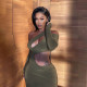 2021 Fall/Winter Women's New Fashion Sexy Slanted Shoulder Hollow Long Sleeve Pure Color Thin Dress