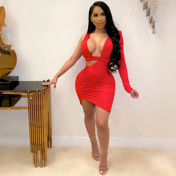 New hot style deep V-neck hollow long-sleeved irregular high-waist pleated sexy dress M3003