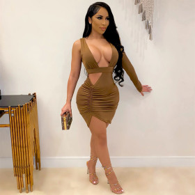 New hot style deep V-neck hollow long-sleeved irregular high-waist pleated sexy dress M3003