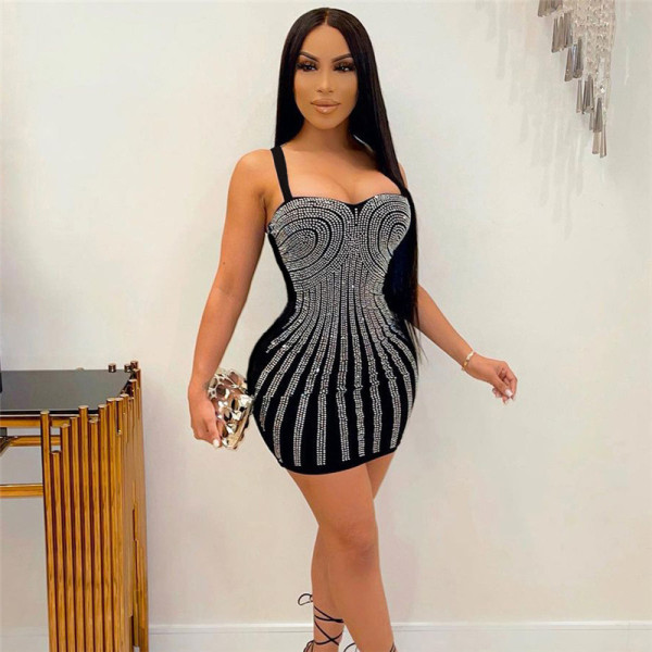 2021 Fall/Winter Women's New Nightclub Hot Rhinestone Fashion Sexy Sling Halter Slim Hip Dress