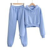 Autumn and winter models plus velvet pocket hooded short sweater women + solid color high waist loose leggings harem trousers two-piece suit