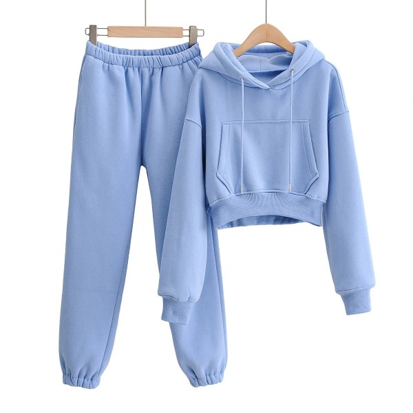 Autumn and winter models plus velvet pocket hooded short sweater women + solid color high waist loose leggings harem trousers two-piece suit