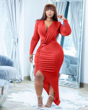 Fashion sexy solid color irregular pleated cross long sleeve dress