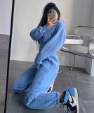 Street Hooded Short Pocket Spring and Autumn Sweater High Waist Loose Foot Sweat Pants Set