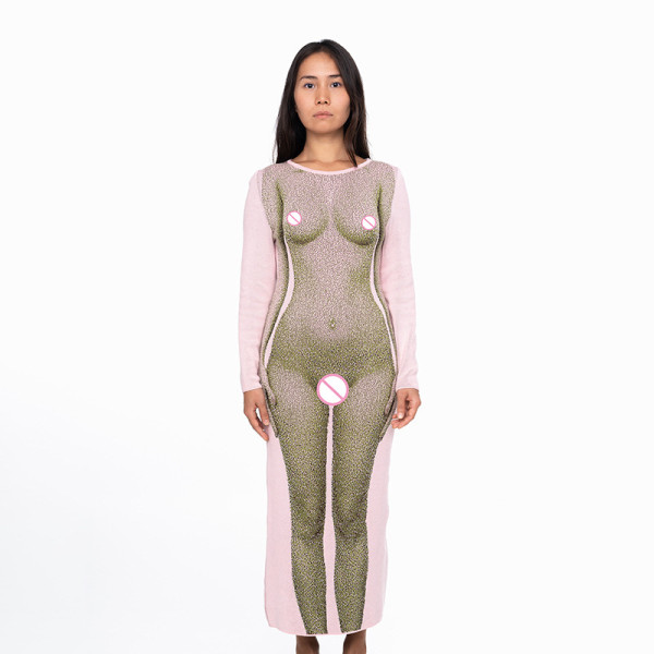 2021 Summer Women's New Fashion 3D Body Print Round Neck Long Sleeve European Style Slim Dress