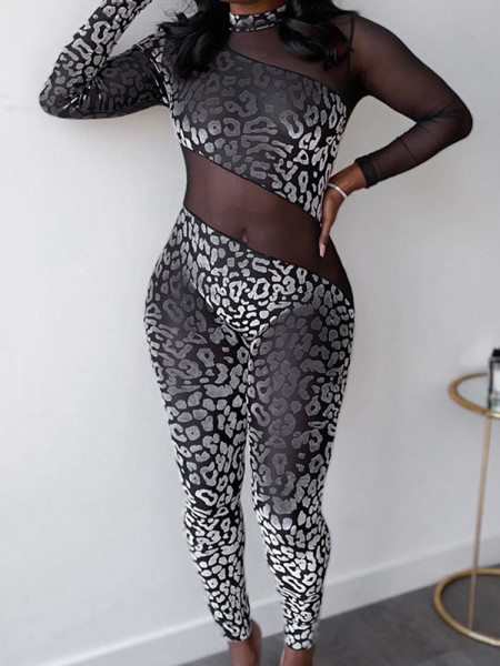 Women's 2021 autumn and winter new long-sleeved round neck perspective stitching jumpsuit women