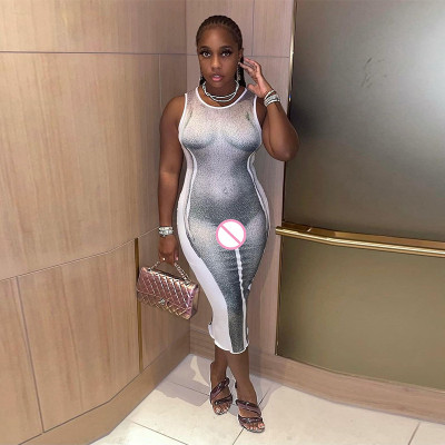 2021 Summer Women's New Fashion 3D Body Print Round Neck Sleeveless European Style Slim Dress