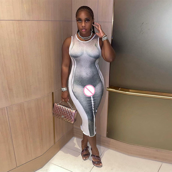 2021 Summer Women's New Fashion 3D Body Print Round Neck Sleeveless European Style Slim Dress