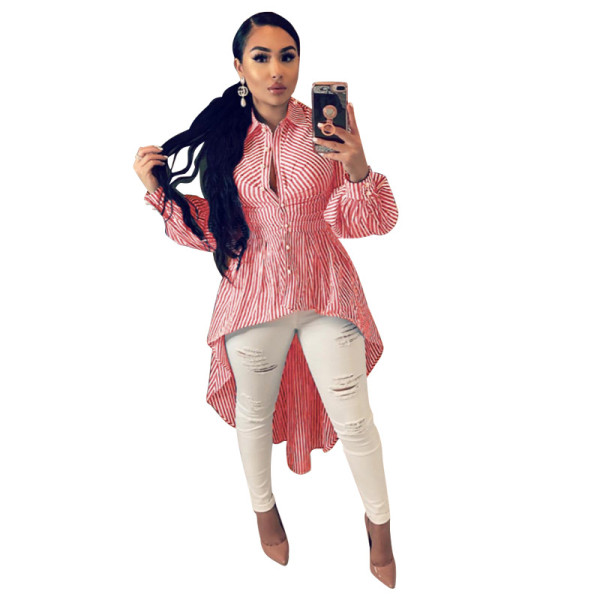 2021 autumn and winter striped print long and short shirt waist irregular swing skirt