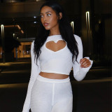 Suit solid color thin slim round neck long sleeve love heart hollow high waist straight leg tight trousers two-piece female